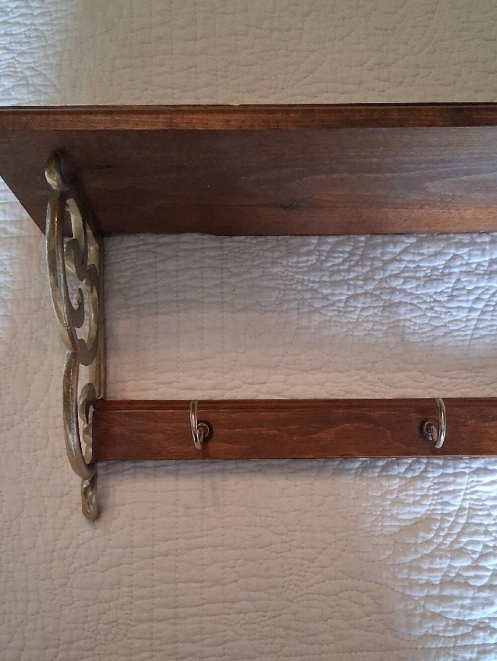 Wood Wall Shelf with Brass Bracket Hooks - Dark Brown - Picture 2 of 4